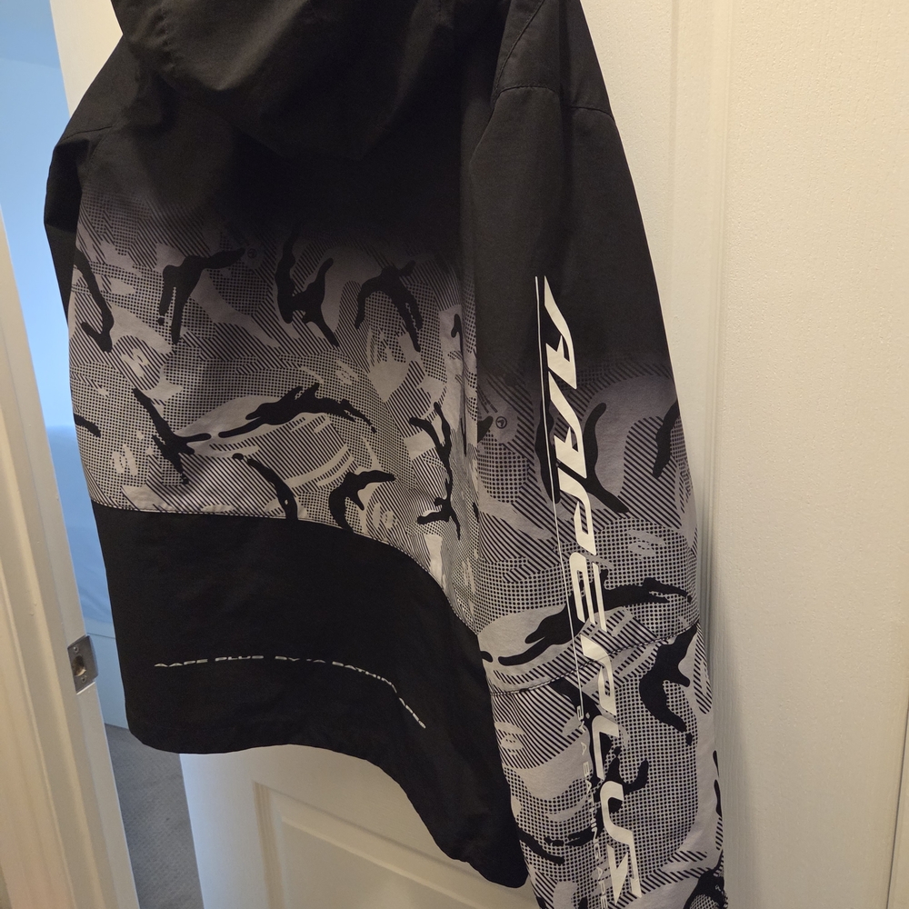 Aape By BATHING Men's Black & White Graphic Raincoat with Hood